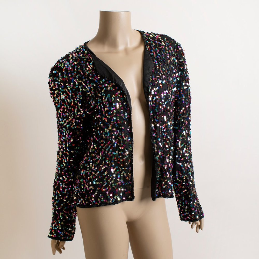 Rainbow Sequined Party Jacket - Vintage Style  Black Silk Sequin Papell Boutique